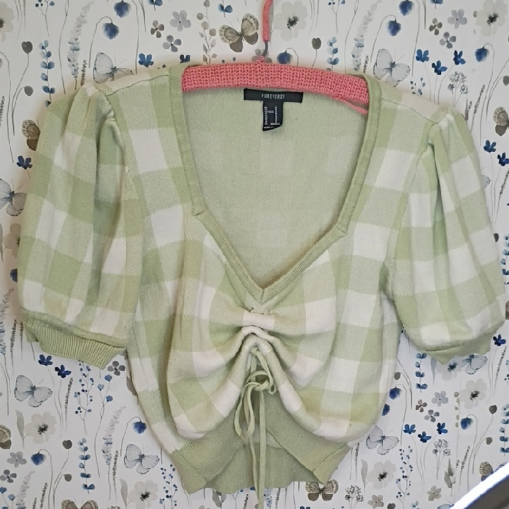Forever 21 Light Green and White Checkered Drawstring V-Neck Crop Top